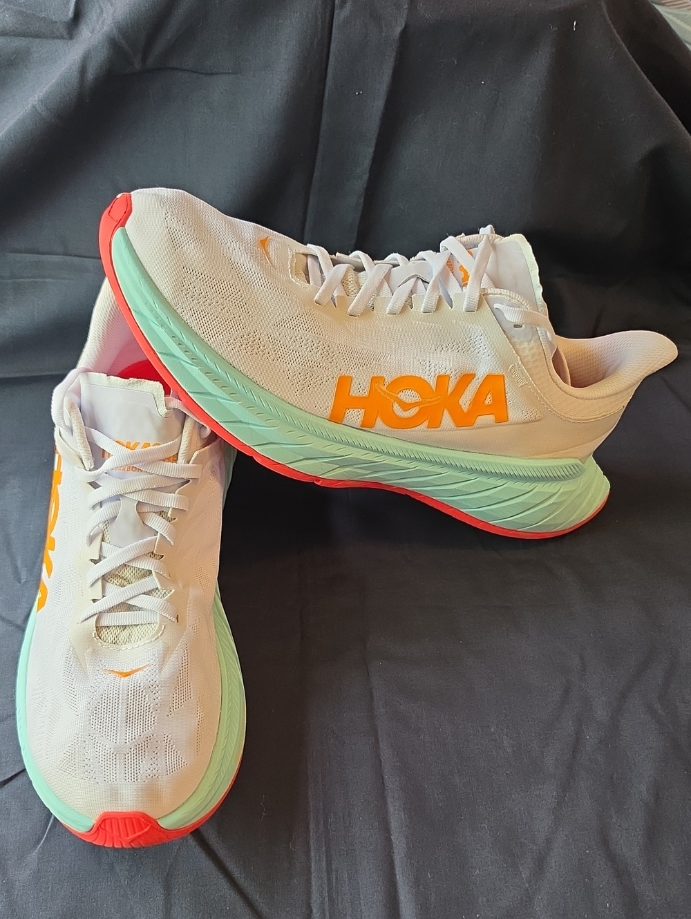 Hoka One One Carbon X Women's Running Shoes in White, Mint and Coral